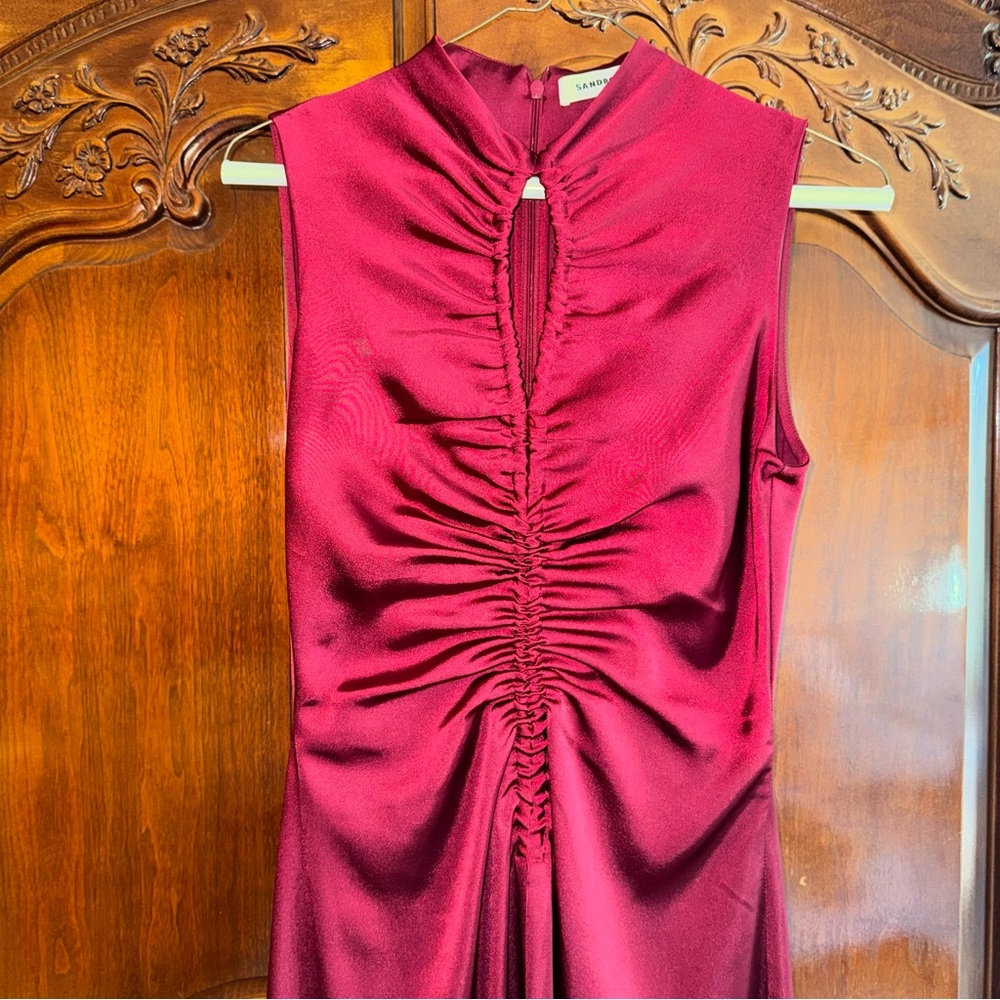 Sandro Ruched Satin Wine Red Midi Dress sleeveless - Picture 5 of 6
